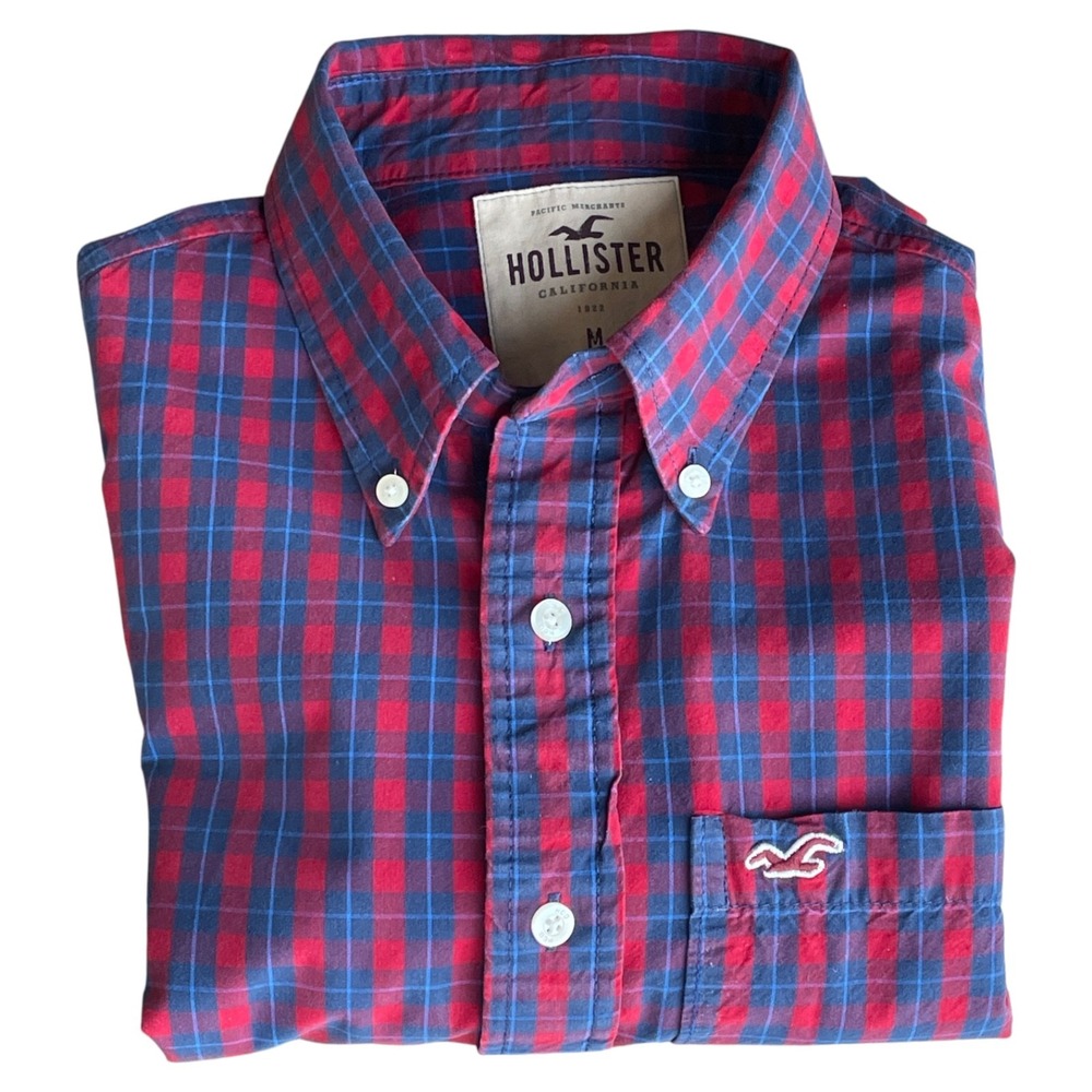 Hollister Men's M Button Down Shirt Red Blue Check Long Sleeve Casual Excellent
